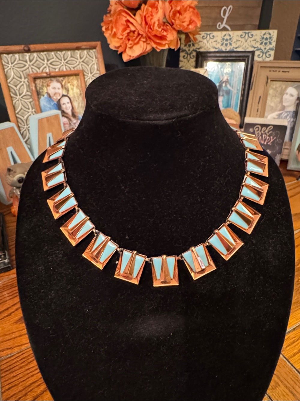 Vintage MCM Matisse Chile Line Blue Enamel and Cooper Geometric Necklace